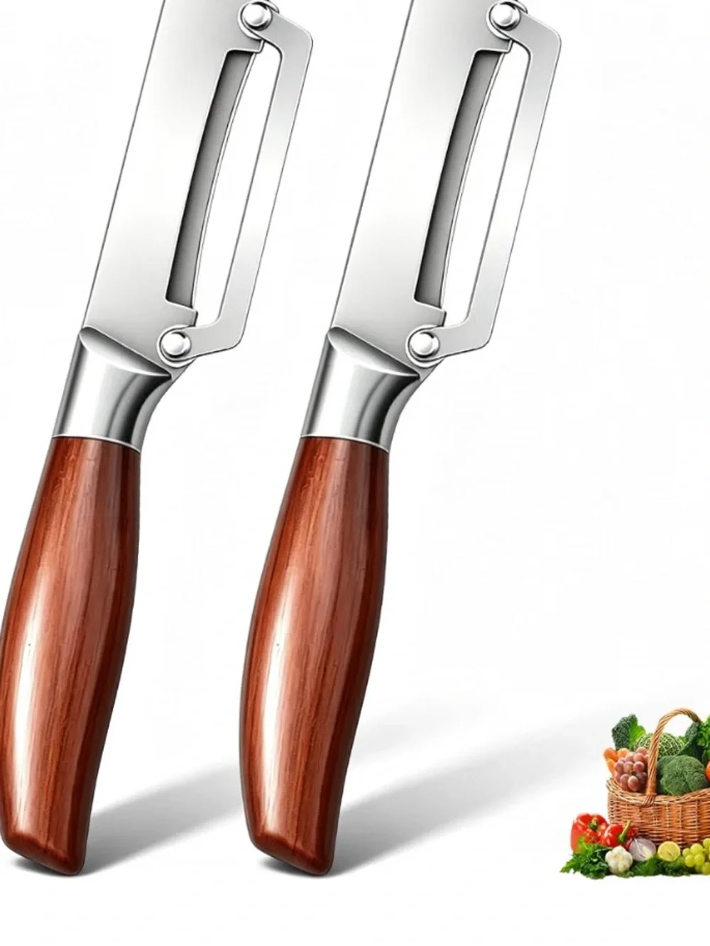 Stainless Steel Vegetable Peeler with Brown Wood Handle - Set of 2